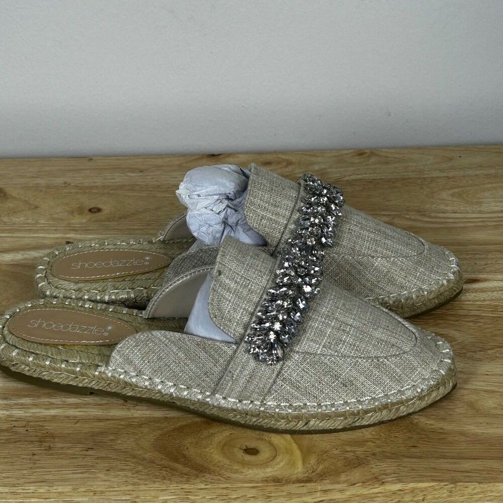 Shoedazzle Womens Beige Linen Rhinestone Embellished Espadrille Mules Size 8.5